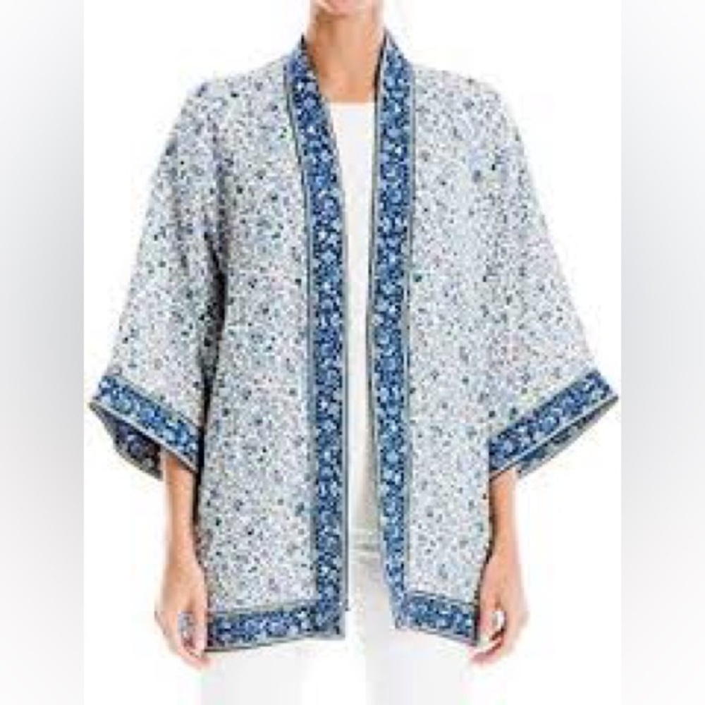 Max Studio White and Blue Floral Kimono Jacket